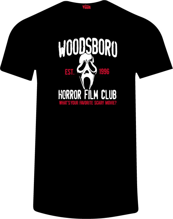 Woodsboro Horror Film Club Tee - Scream Scary Movie Sidney Prescott Slasher Courteney Cox